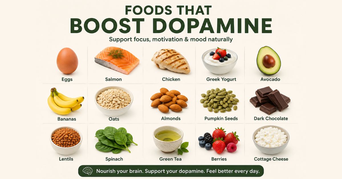 Dopamine-supporting foods list with eggs, salmon, chicken, Greek yogurt, avocado, bananas, oats, almonds, pumpkin seeds, dark chocolate, lentils, spinach, green tea, berries and cottage cheese.