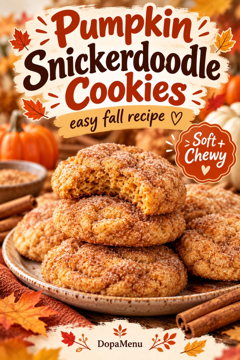 Soft and chewy pumpkin snickerdoodle cookies coated in cinnamon sugar.
