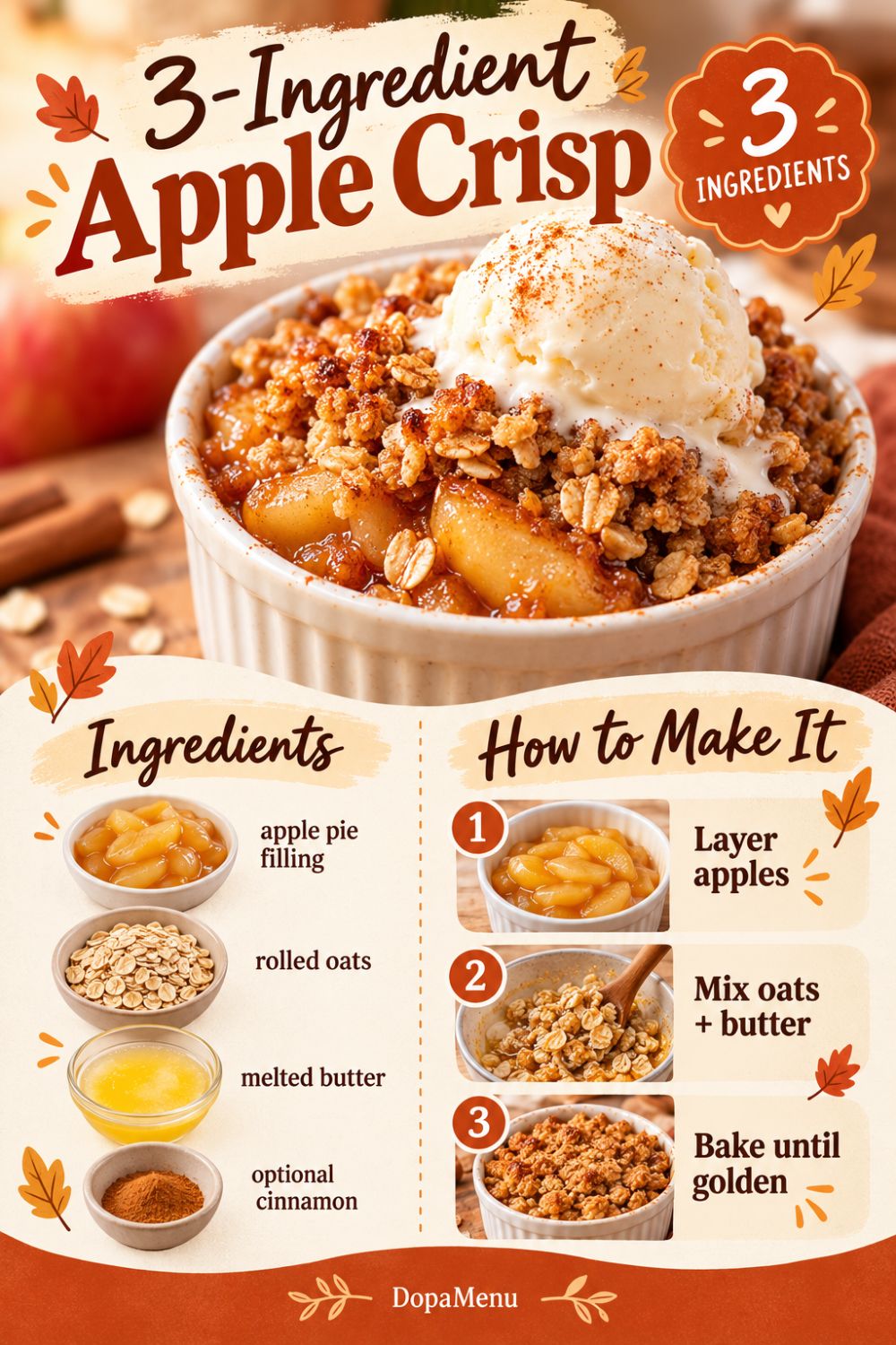3-ingredient apple crisp recipe with apple pie filling, rolled oats and butter.