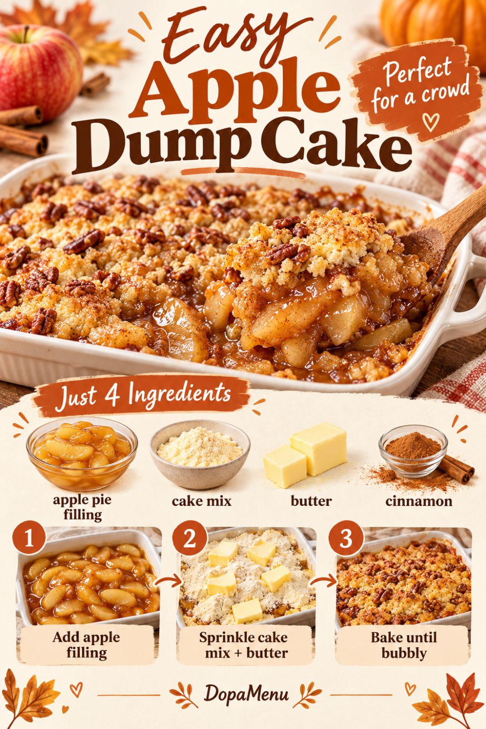 Easy 4-ingredient apple dump cake with apple pie filling, cake mix, butter and cinnamon.