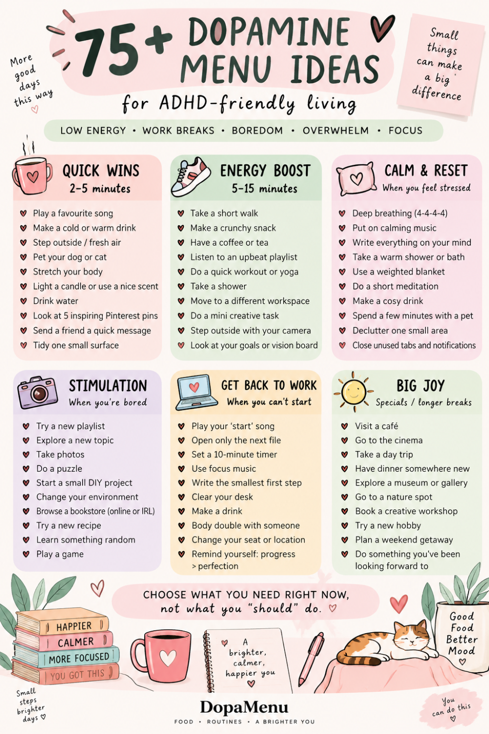 Pastel ADHD-friendly dopamine menu infographic with 75+ ideas organized into quick wins, energy boost, calm and reset, stimulation, getting back to work and bigger joy activities.