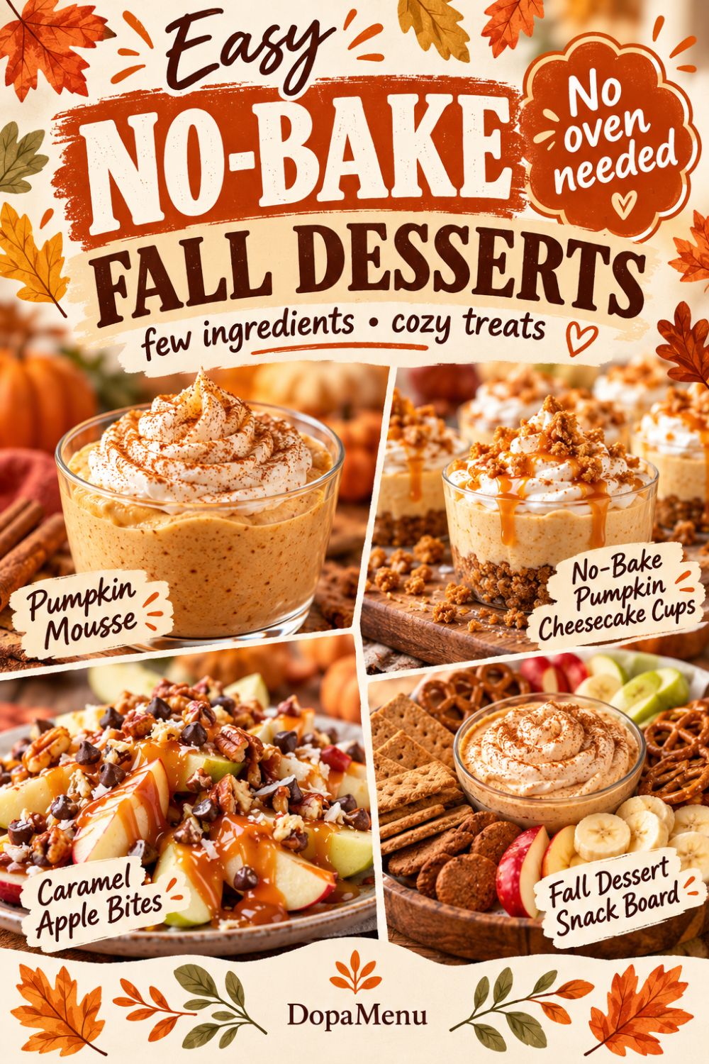 Easy no-bake fall desserts including pumpkin mousse, pumpkin cheesecake cups and caramel apple treats.
