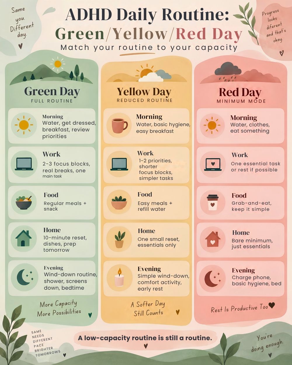 ADHD daily routine infographic with Green Day, Yellow Day, and Red Day columns showing flexible routines for morning, work, food, home, and evening.