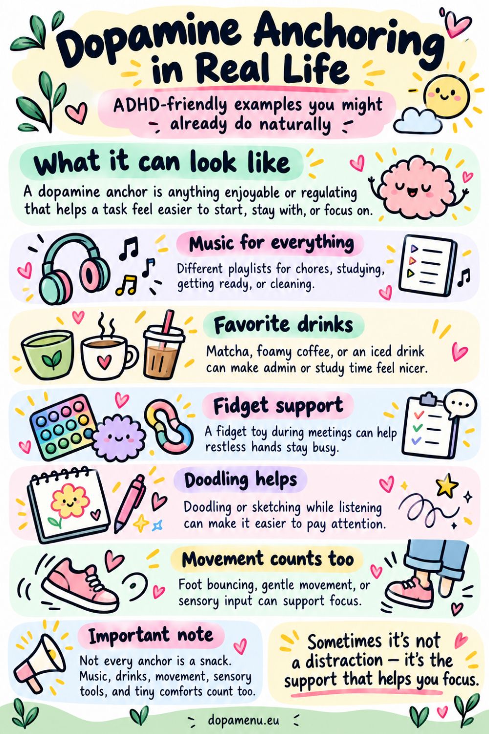 Dopamine anchoring examples for ADHD including music, favorite drinks, fidget toys, doodling and movement to support focus.