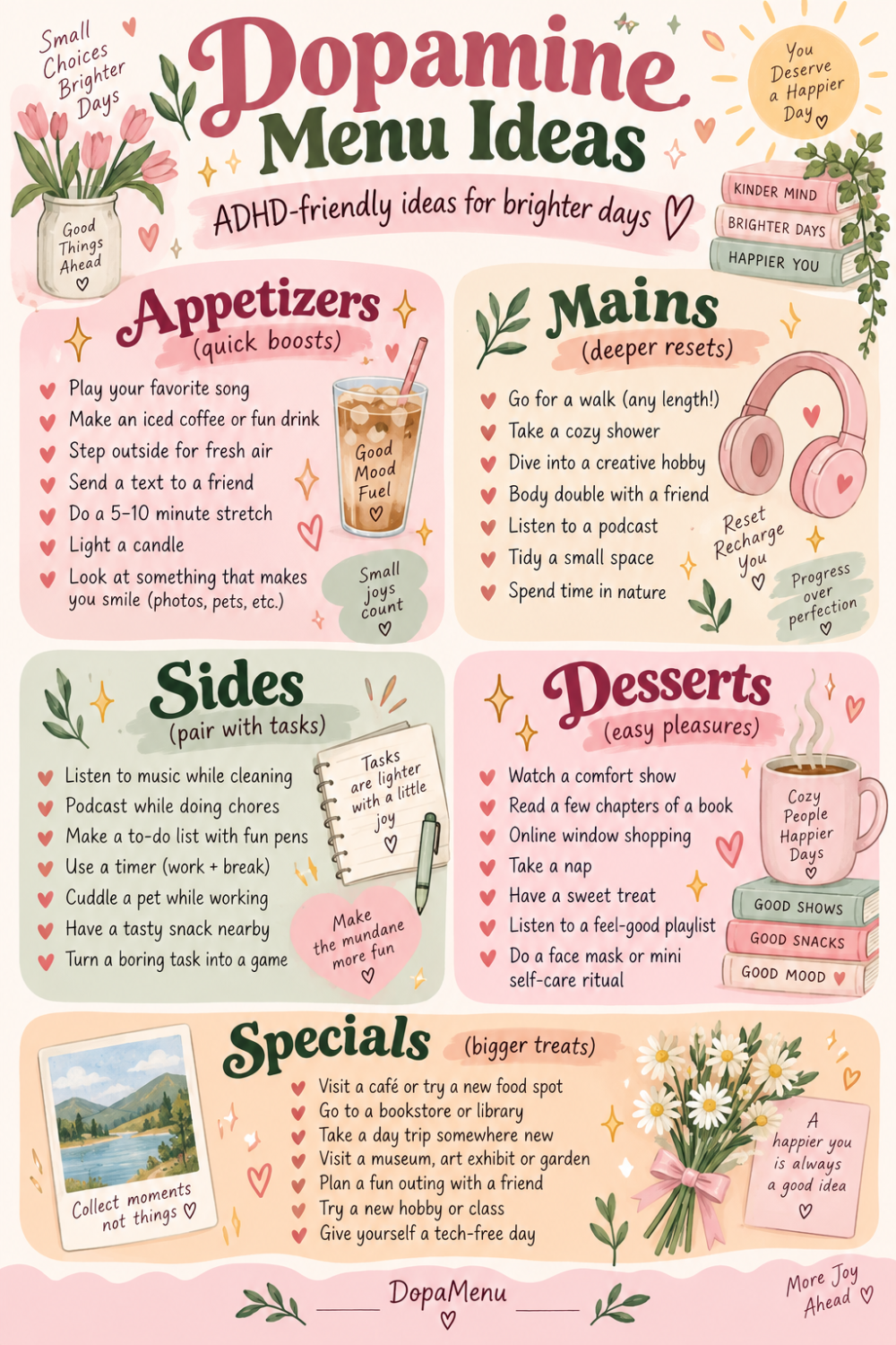 Illustrated dopamine menu with ADHD-friendly ideas organized into Appetizers, Mains, Sides, Desserts, and Specials in a pastel infographic.