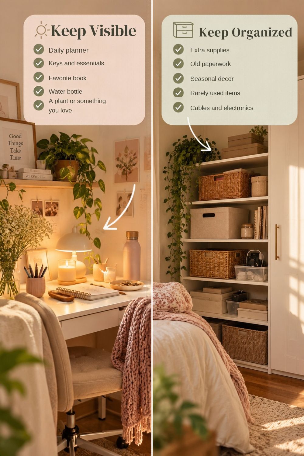 ADHD home organization infographic comparing visible daily essentials on a cozy desk with extra supplies stored in baskets and shelves.