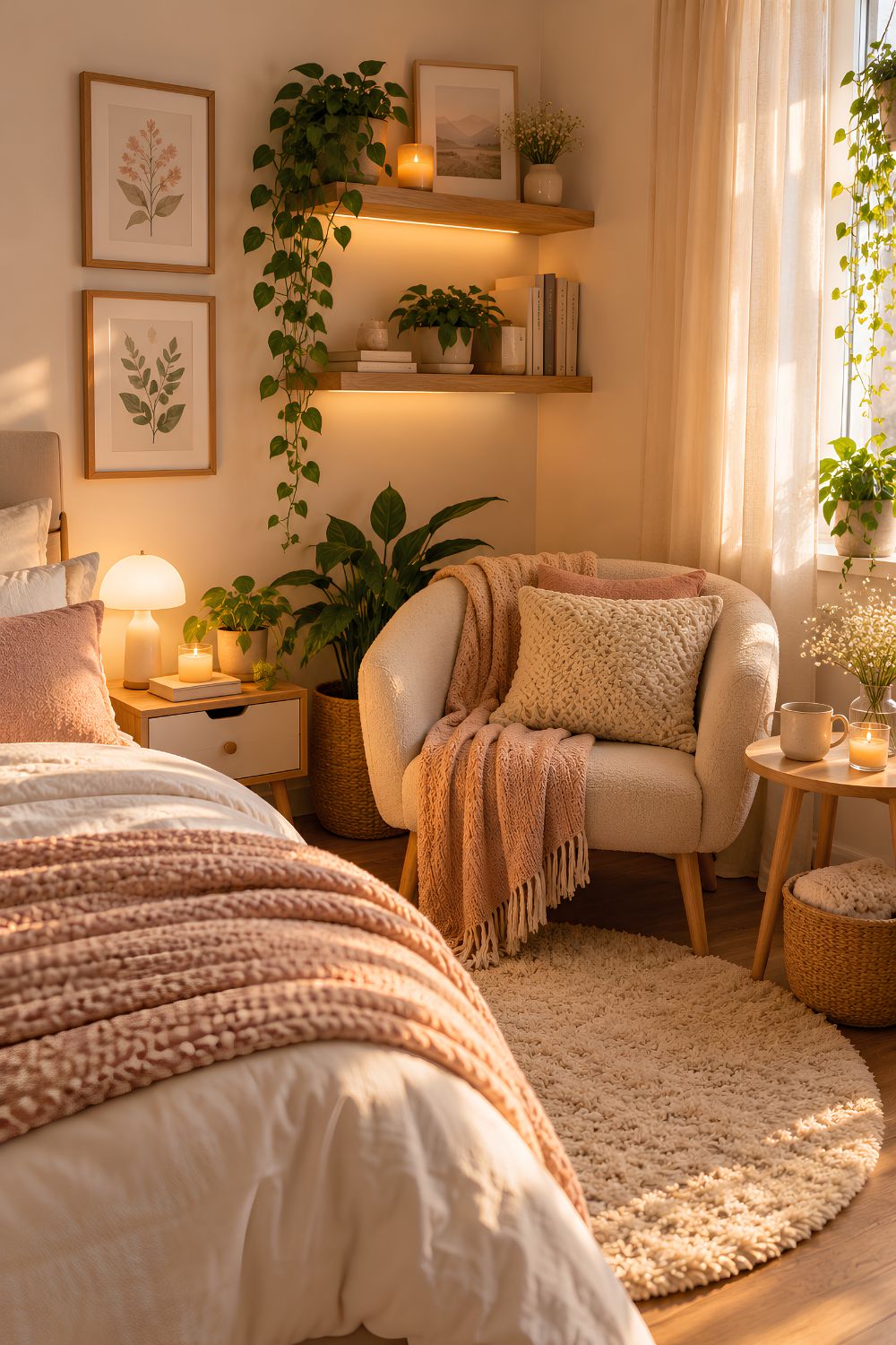 Calming bedroom reading corner with cream armchair, soft pink blanket, indoor plants, warm lamp, and neutral decor.