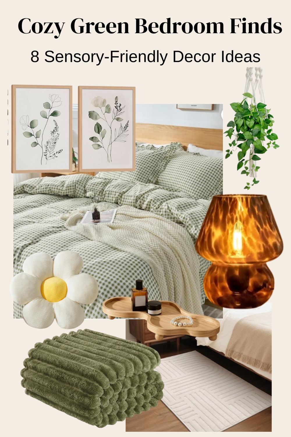 Cozy green bedroom decor collage featuring sage green bedding, a soft throw blanket, warm bedside lamp, daisy pillow, botanical decor, and natural accessories.