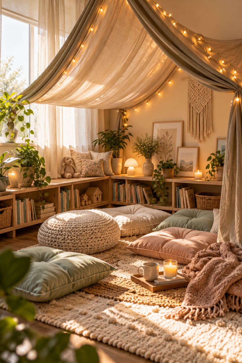 Cozy adult reading nook with fabric canopy, fairy lights, floor cushions, bookshelves, plants, and soft neutral textiles.