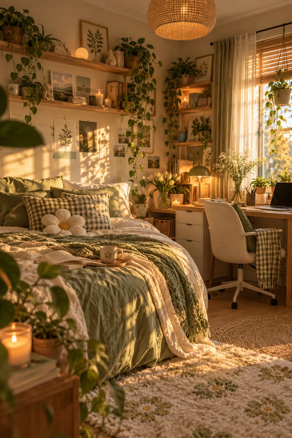 Cozy green bedroom with sage bedding, a daisy pillow, wooden study desk, botanical wall art, trailing plants, and warm evening sunlight.