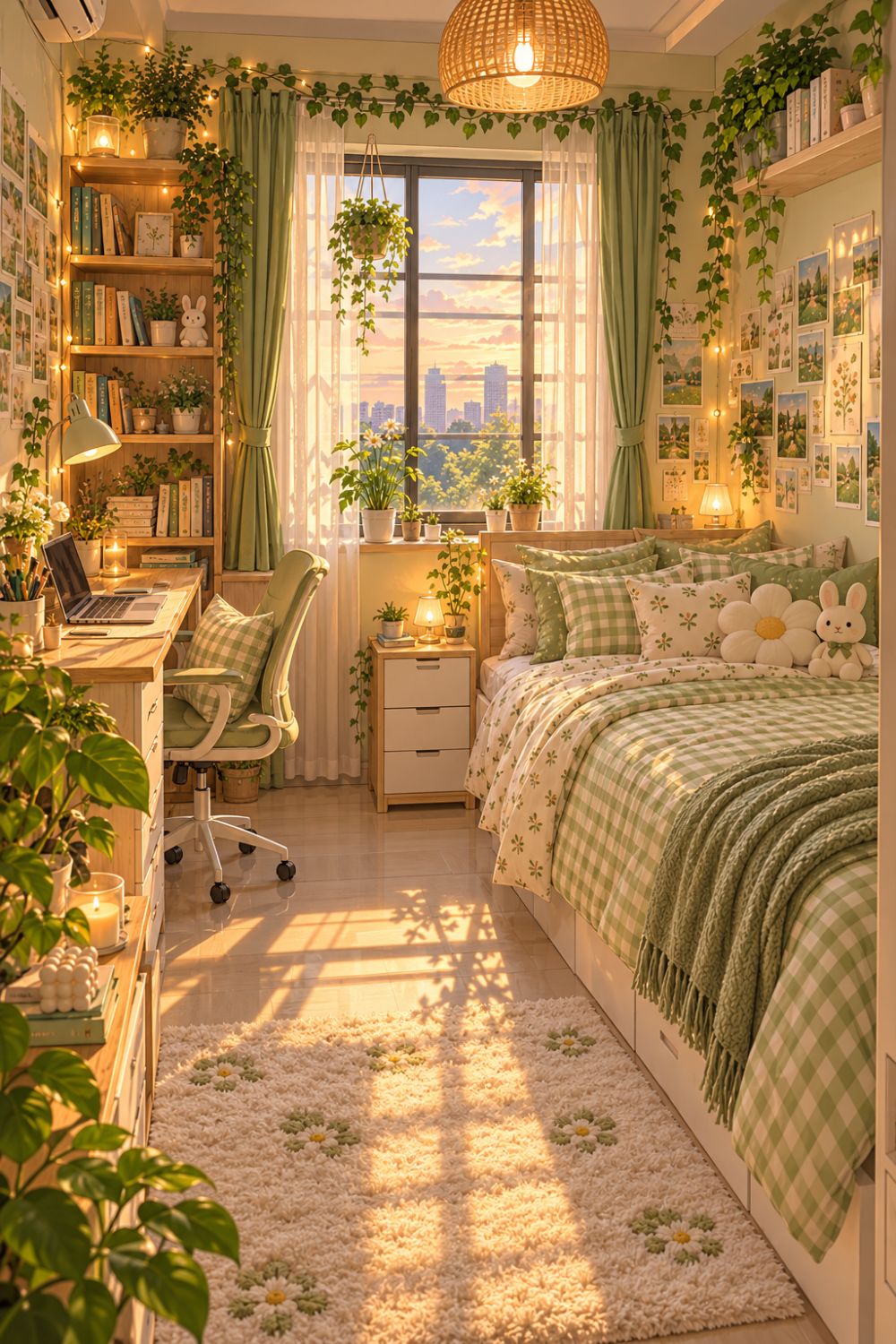Cozy sage green study bedroom with gingham bedding, a wooden desk, daisy decor, hanging plants, and soft golden-hour lighting.