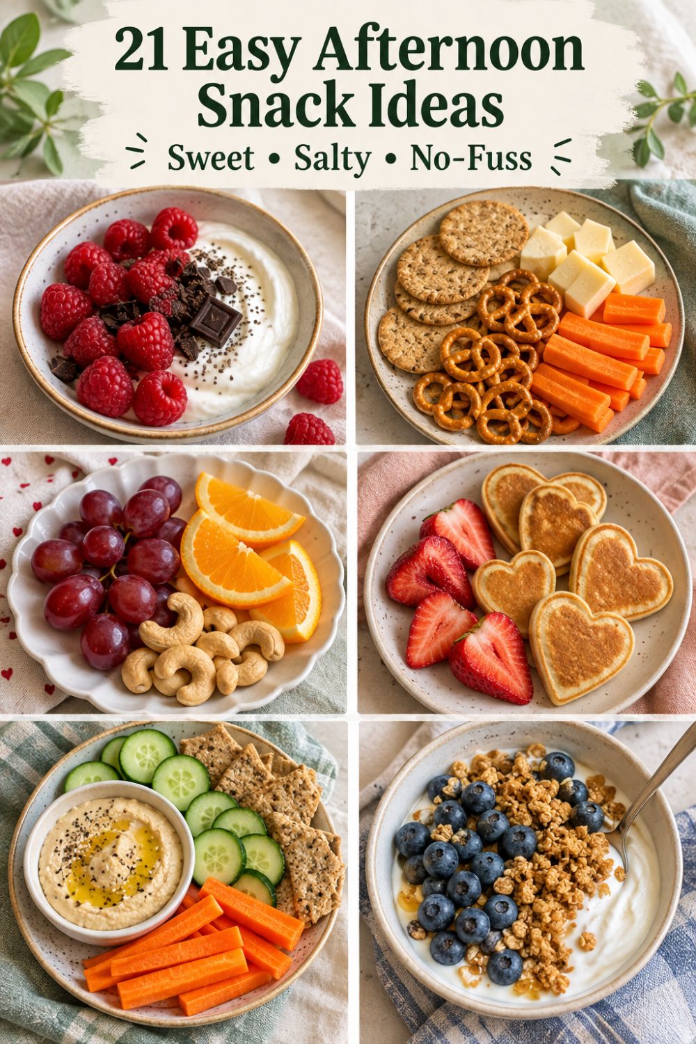 Afternoon snack ideas collage featuring chocolate raspberry bowls, fresh berries, pretzels with cheese and veggies, heart-shaped pancakes, and fruit and nut snack plates.