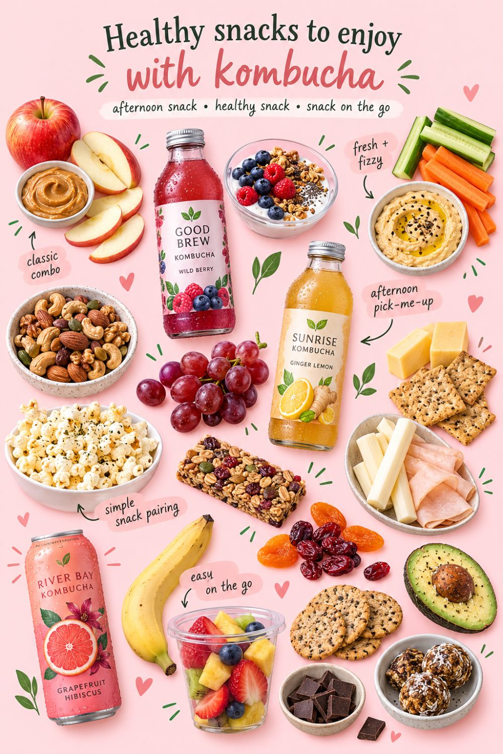 Collage infographic showing healthy snacks to enjoy with kombucha, including fruit, yogurt, hummus, nuts, popcorn, crackers, and on-the-go snack ideas on a pastel pink background.
