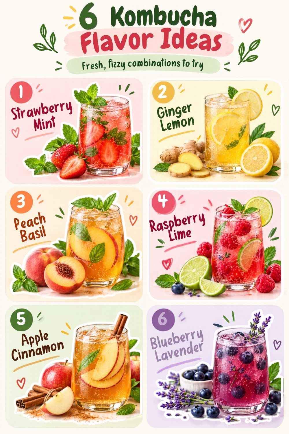 Infographic collage showing six kombucha flavor ideas with realistic drinks and illustrated labels, including strawberry mint, ginger lemon, peach basil, raspberry lime, apple cinnamon, and blueberry lavender.