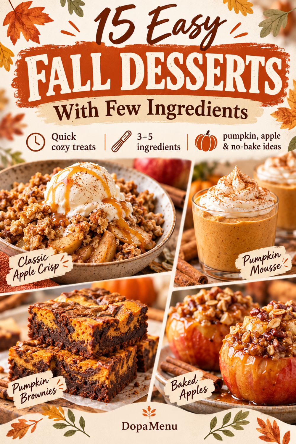 15 easy fall desserts with few ingredients including pumpkin mousse, apple crisp, pumpkin brownies and baked apples.
