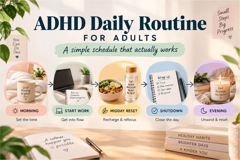 ADHD daily routine for adults infographic with five flexible anchors: morning, start work, midday reset, shutdown, and evening.