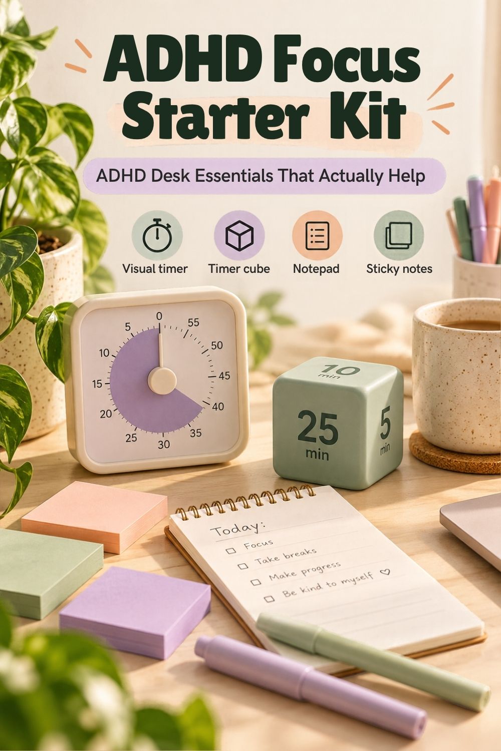 ADHD focus starter kit with a visual timer, timer cube, notepad and colorful sticky notes arranged on a cozy desk.