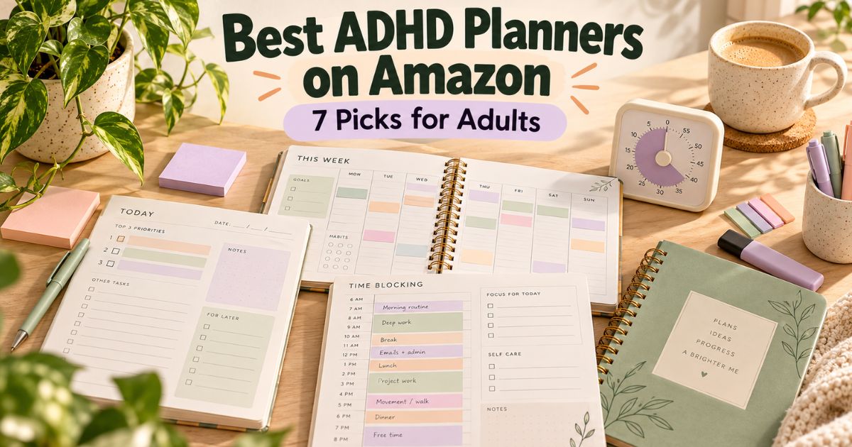 Best ADHD planners for adults on Amazon featuring daily, weekly and time-blocking planners, colorful sticky notes and a visual timer.