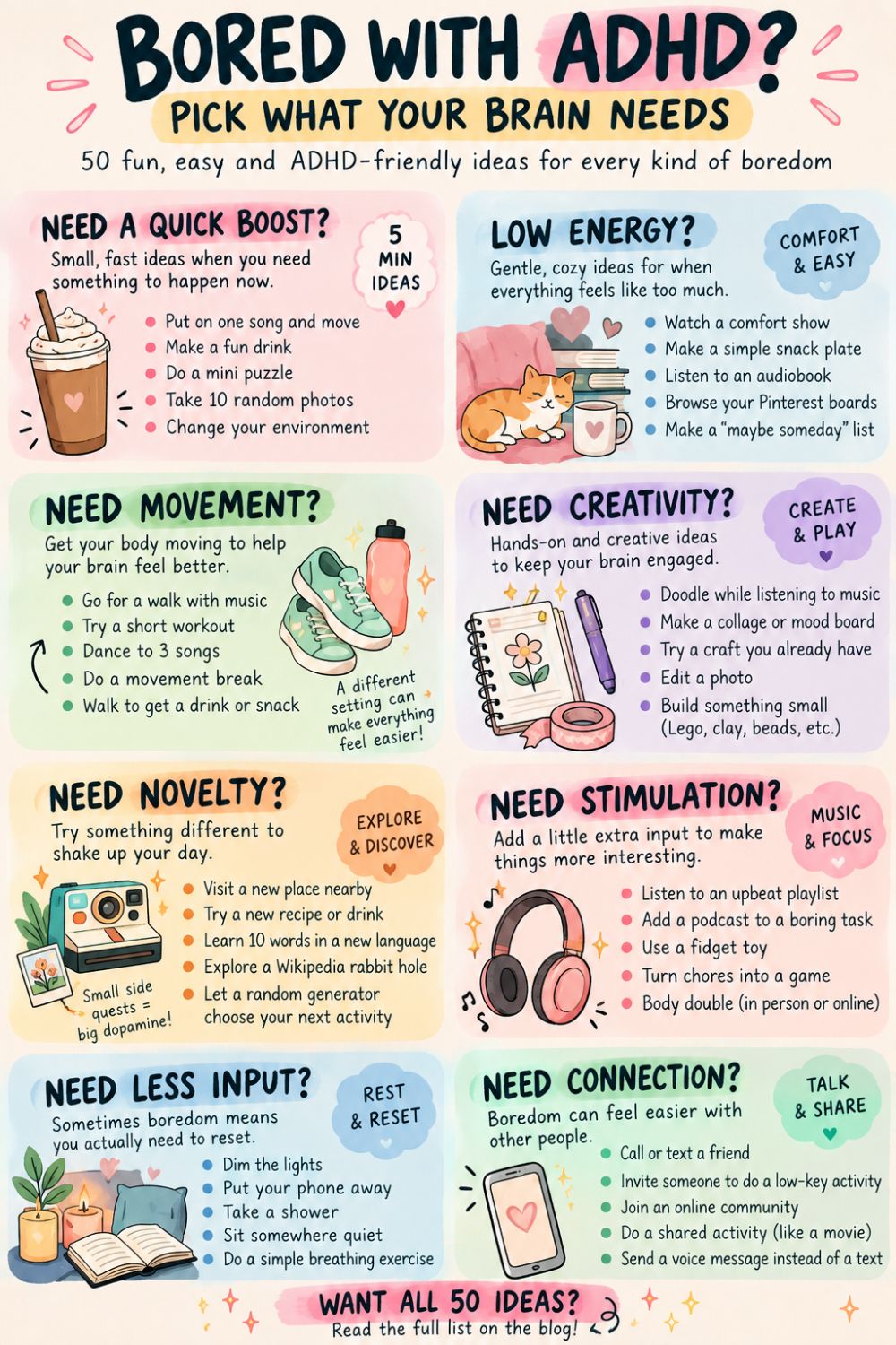 ADHD boredom infographic with activity ideas for movement, creativity, novelty, low energy, stimulation, rest and connection.