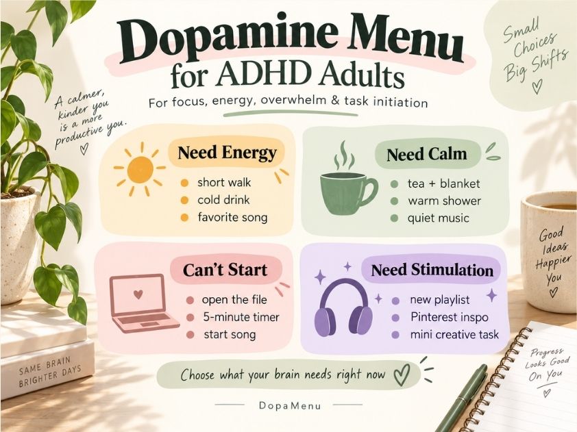 Pastel infographic showing a dopamine menu for ADHD adults with ideas for energy, calm, task initiation, and stimulation.