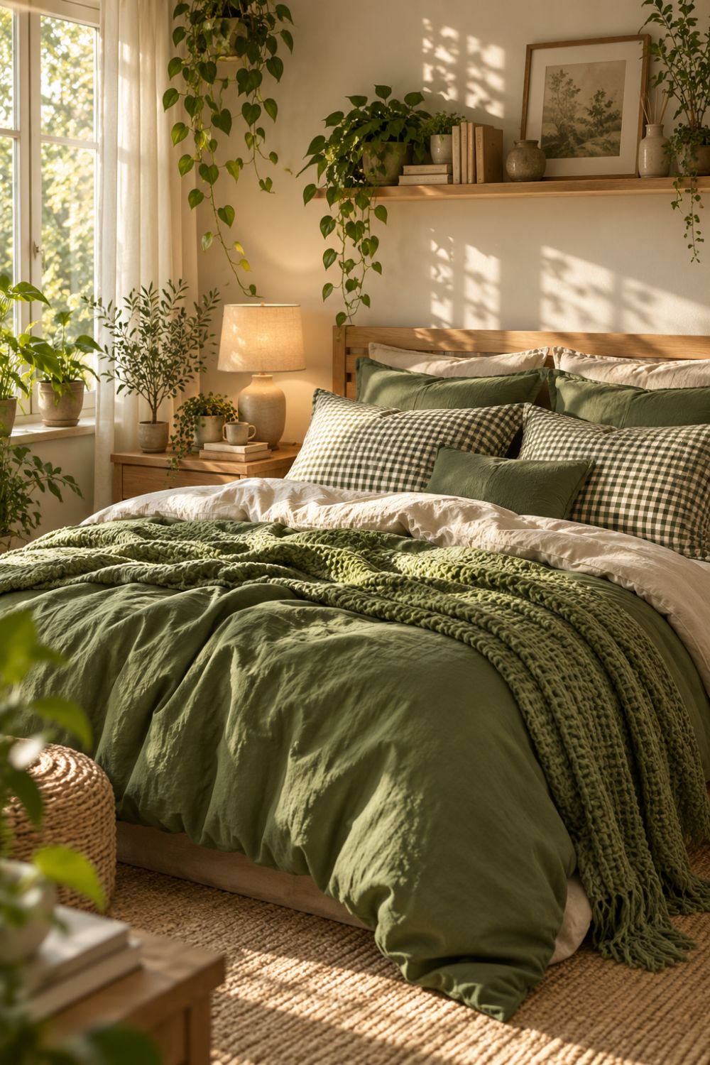 Cozy green bedroom with olive green bedding, gingham pillows, a chunky knit blanket, indoor plants, and warm natural sunlight.