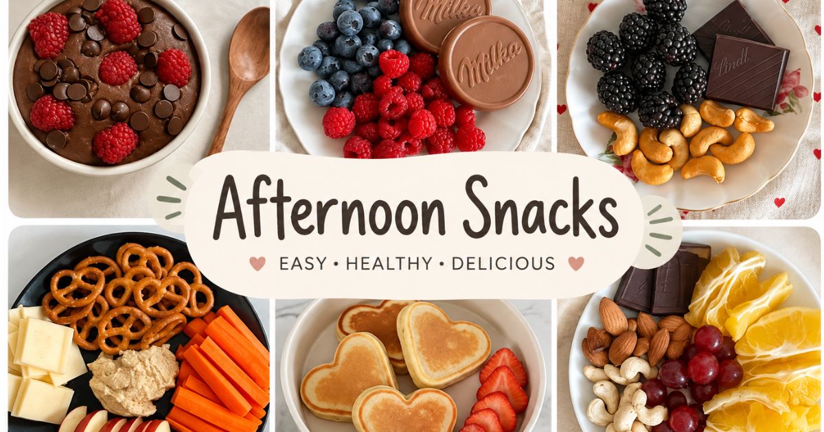Collage of six easy afternoon snack ideas featuring chocolate and berries, pretzels with cheese and veggies, heart-shaped pancakes, and fresh fruit with nuts.