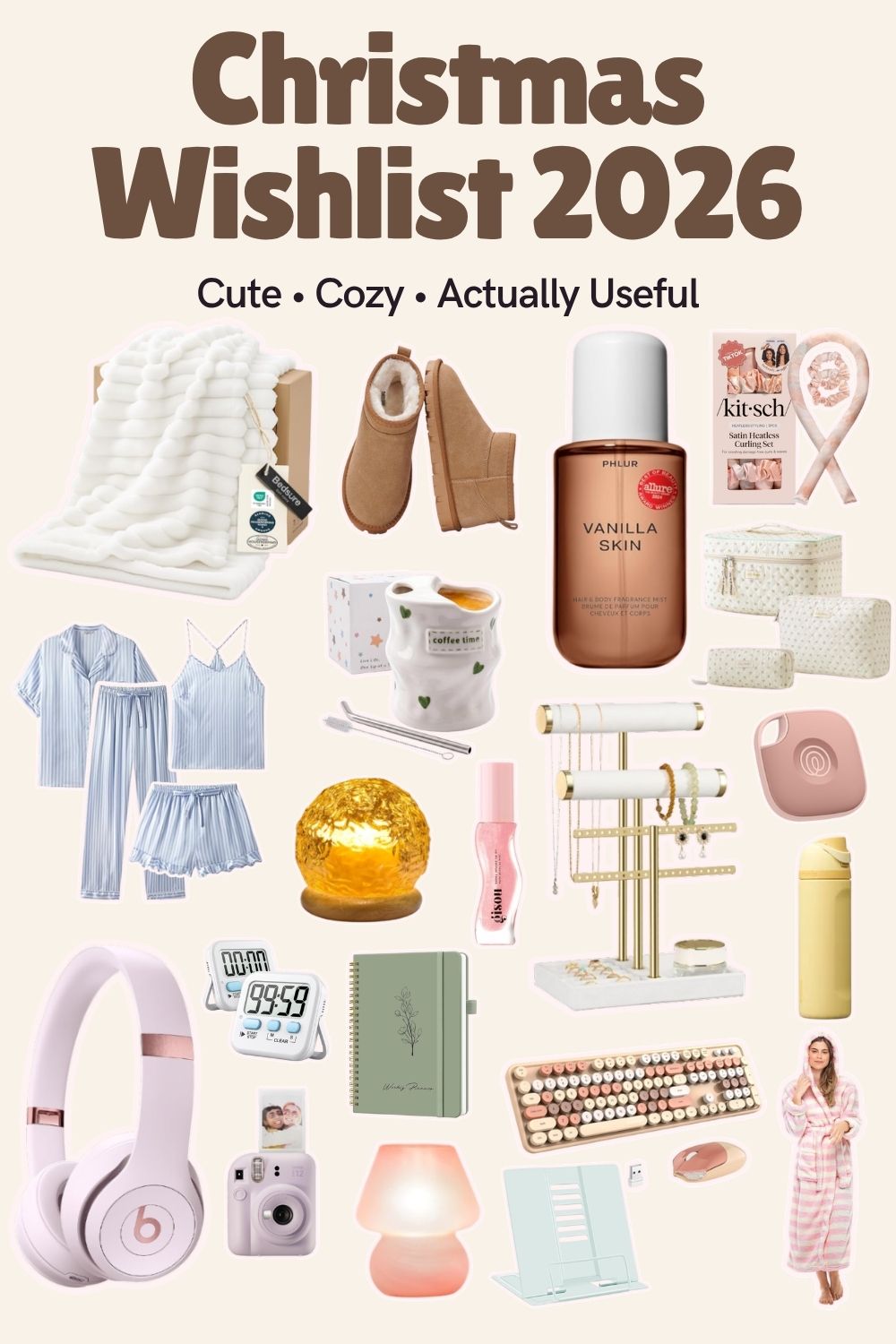 Christmas Wishlist 2026 collage featuring cozy blankets, pink headphones, beauty products, pajamas, an instant camera, cute stationery and useful Amazon finds.