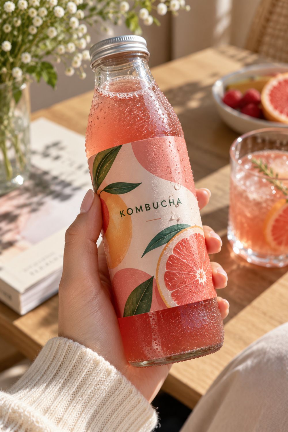 Hand holding a chilled pink grapefruit kombucha bottle with condensation, surrounded by fresh fruit and a sparkling drink on a sunlit table.