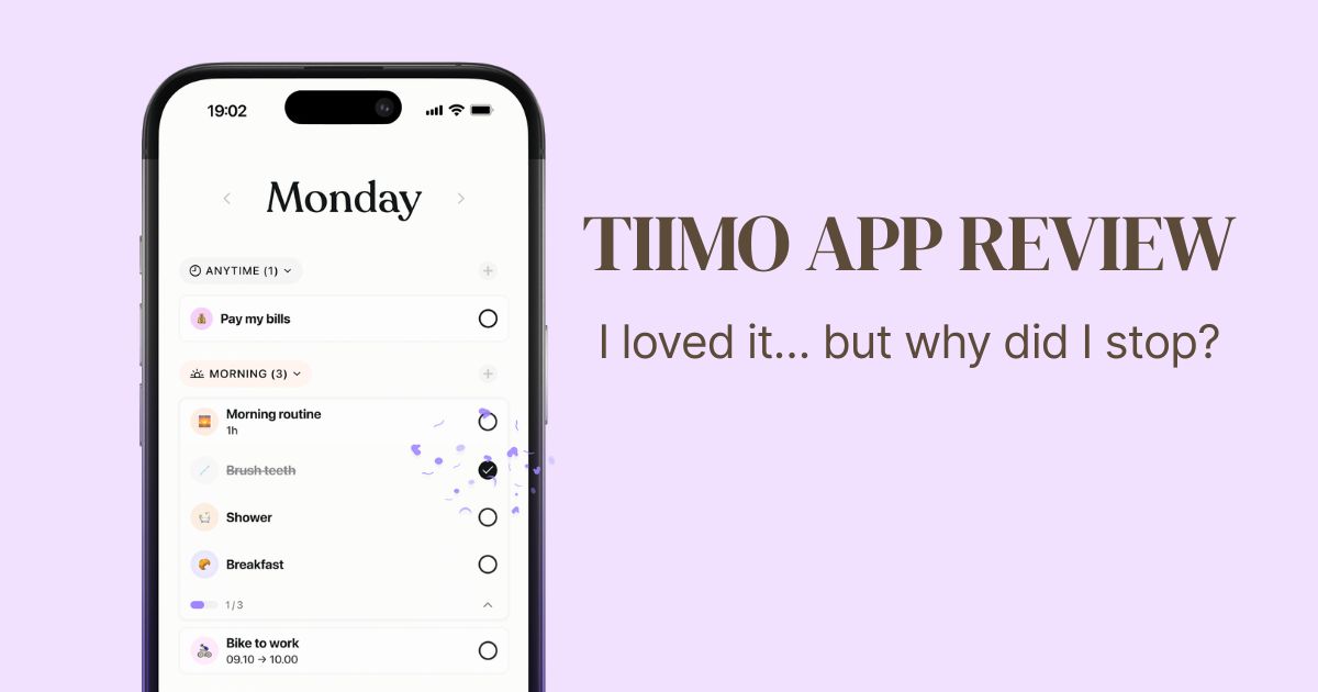 Tiimo app review featuring a visual daily planner on a smartphone, with a cozy lavender desk setup and the question “I loved it, but why did I stop?”